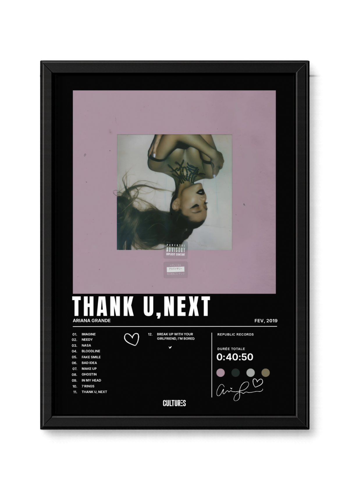 Cadre Ariana Grande Thank U, Next – fond noir