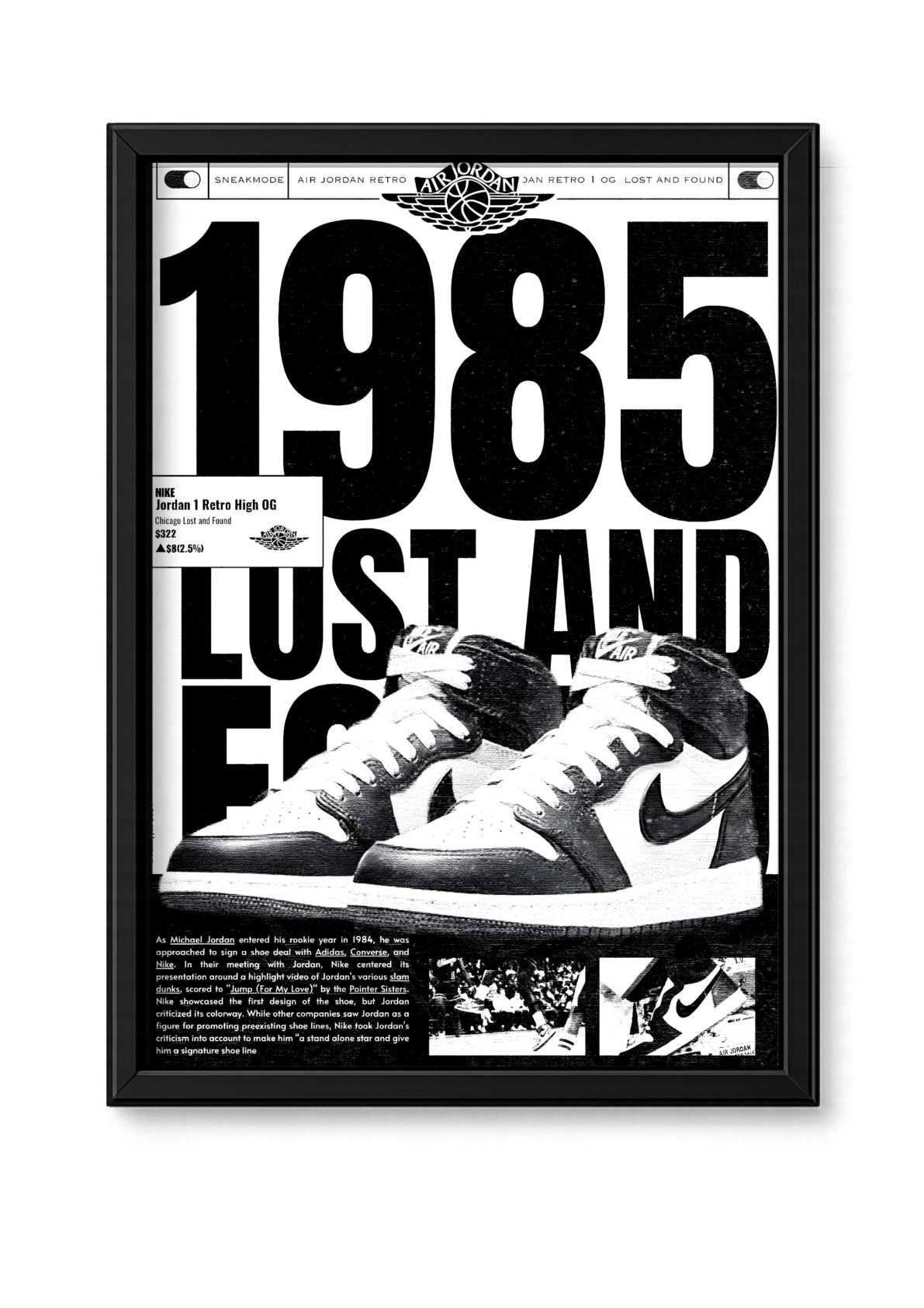 Cadre Air Jordan 1 1985 noir et blanc
