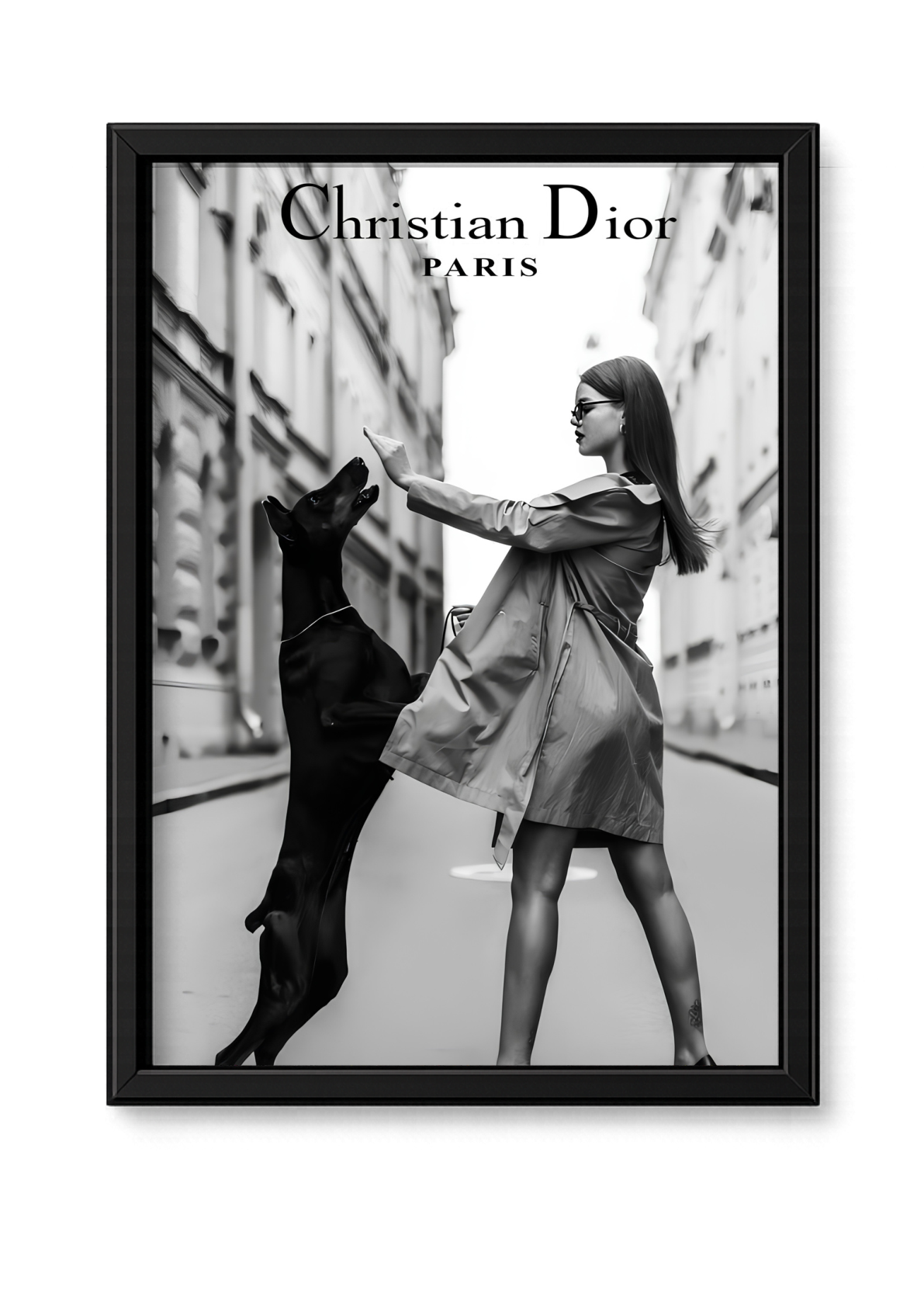 Cadre Christian Dior Paris femme et chien